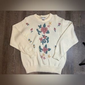 VTG 80's Alfred Dunner Ivory Pullover Floral Embroidered Cottagecore Sweater SZL